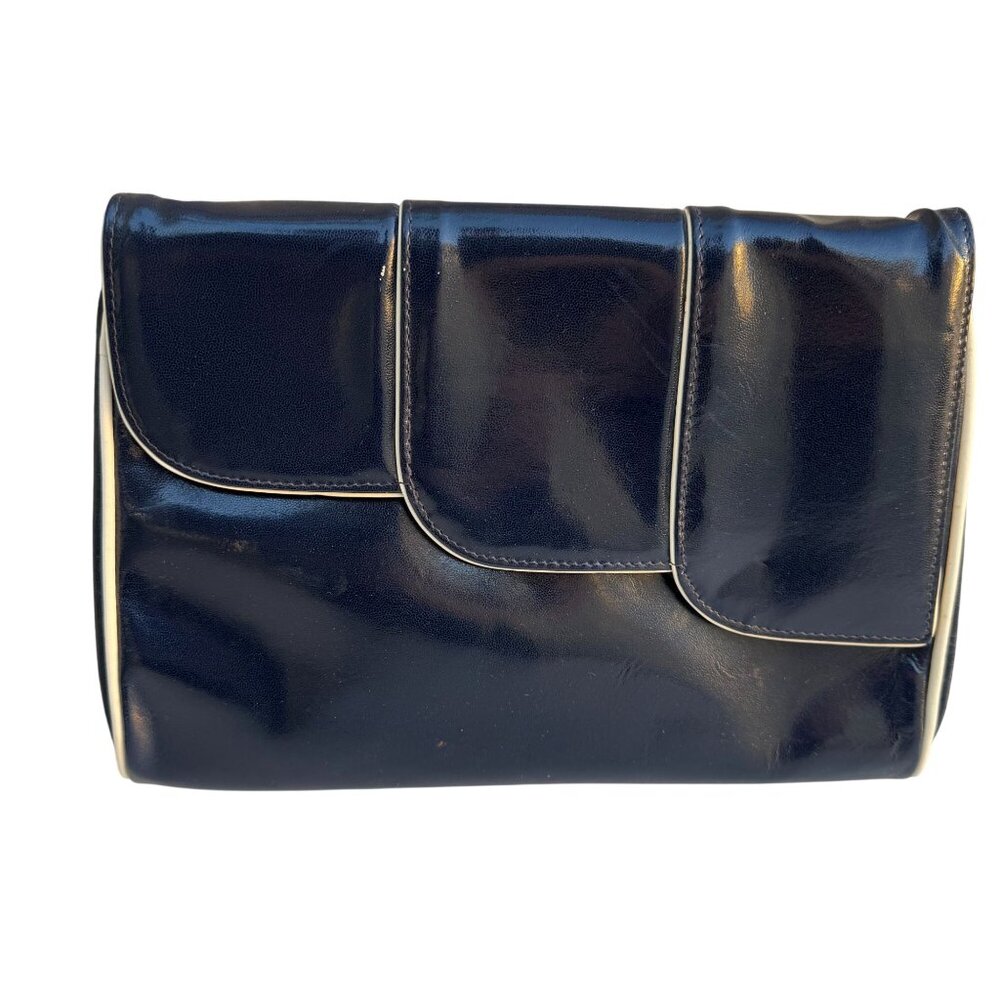 Bullocks Vintage Italian Leather Clutch Navy‎ White Piping Art Deco Snap Closure